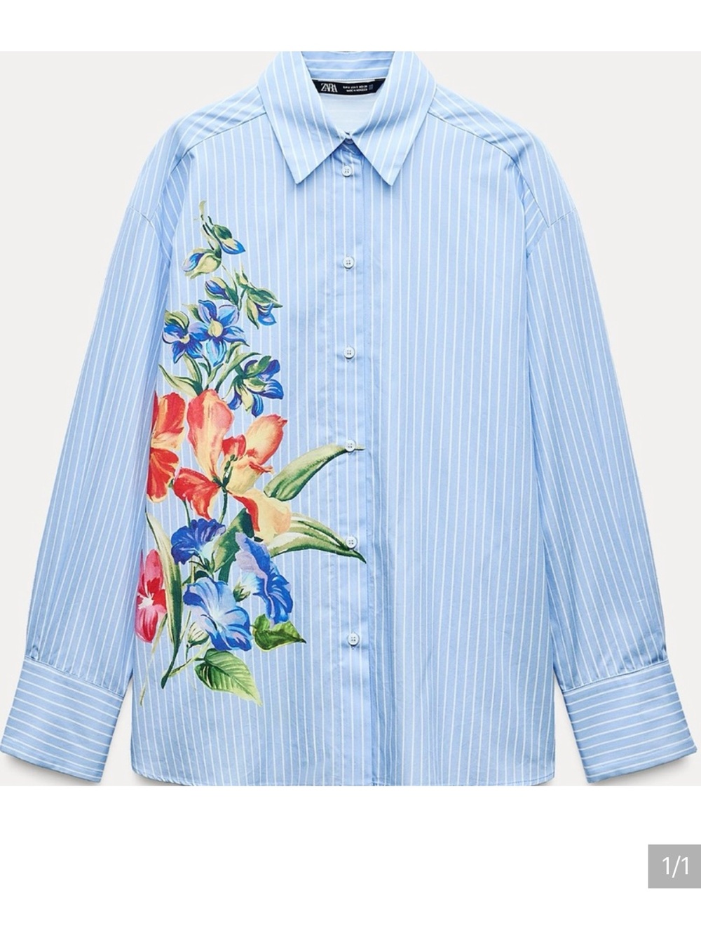 ZARA Blue and White Striped Shirt with Floral Print